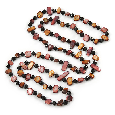 Long Brown/ Plum Shell Nugget and Black Glass Crystal Bead Necklace - 120cm L