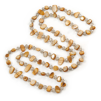 Long Sandy Brown Shell Nugget and Clear Glass Crystal Bead Necklace - 118cm  L - main view