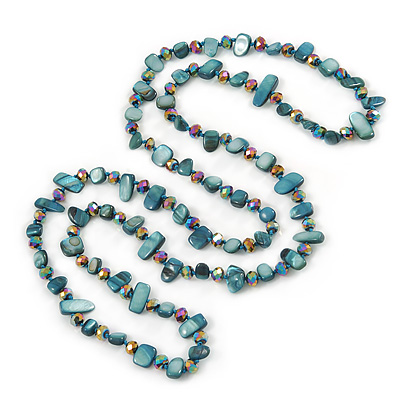 Long Teal Shell Nugget and Chameleon Glass Crystal Bead Necklace - 112cm L - main view