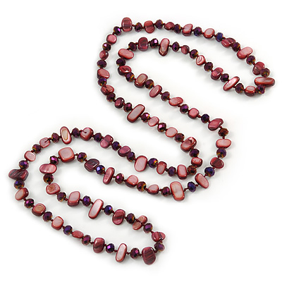 Long Cranberry Shell Nugget and Chameleon Purple Glass Crystal Bead Necklace - 112cm L