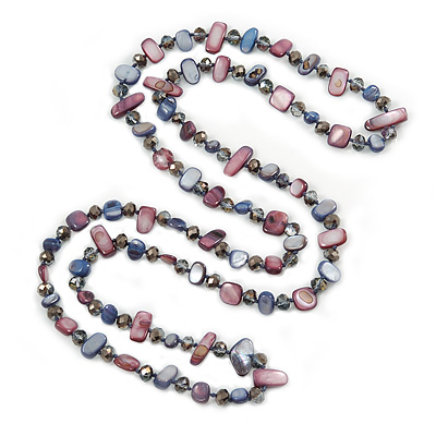Long Inky Blue, Plum Shell Nugget and Glass Crystal Bead Necklace - 110cm L