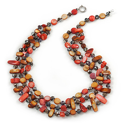 3 Strand Brick Red/ Mustard Brown Shell Nugget and Crystal Bead Necklace with Silver Tone Spring Ring Closure - 66cm L