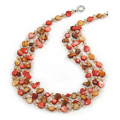 3 Strand Brick Red/ Mustard Brown Shell Nugget and Nude Crystal Bead Necklace with Silver Tone Spring Ring Closure - 66cm L - main view