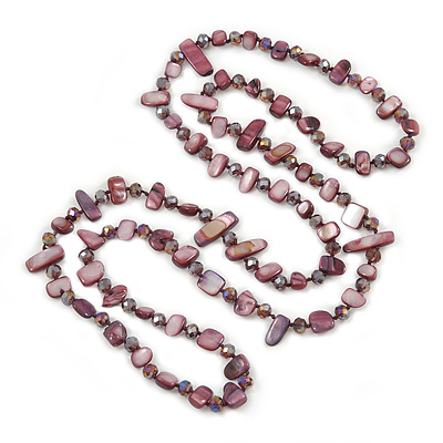 Long Purple Shell Nugget and Glass Crystal Bead Necklace - 112cm L
