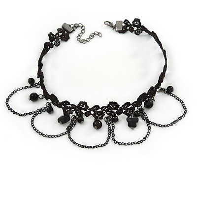 Black Lace Bead and Chain Choker Necklace - 37cm L/ 6cm Ext