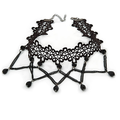 Black Lace Chain with Crystal Bead Victorian/ Gothic/ Burlesque Choker Necklace - 33cm L/ 7cm Ext