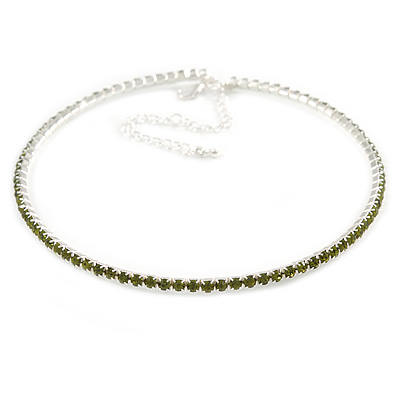 Thin Olive Green Top Grade Austrian Crystal Choker Necklace In Rhodium Plated Metal - 36cm L/ 10cm Ext - main view