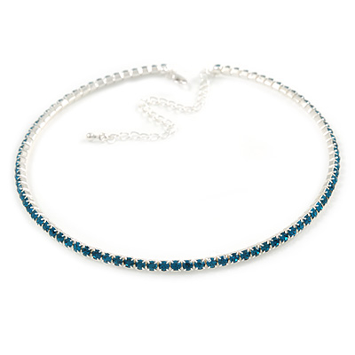 Thin Teal Blue Top Grade Austrian Crystal Choker Necklace In Rhodium Plated Metal - 36cm L/ 10cm Ext - main view