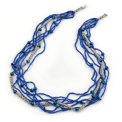 Multistrand Electric Blue/ Silver Glass Bead Necklace - 90cm L
