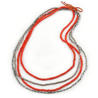 4 Strand Multilayered Salmon/ Coral Ceramic and Silver Tone Acrylic Bead Necklace - 90cm L