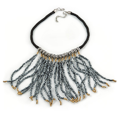 Contemporary Silver, Bronze Acrylic Bead Fringe Black Cotton Cord Necklace - 43cm L/ 5cm Ext/ 14cm Fringe