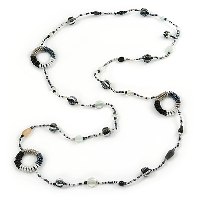 Long Single Strand Glass Bead Necklace (Balckt/ Transparent/ Hematite/ White) - 124cm L