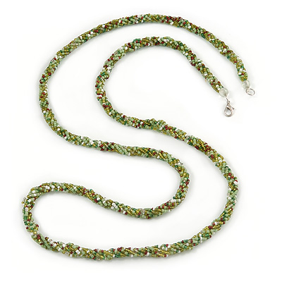 Long Multistrand Twisted Glass Bead Necklace (Mint Green, Olive, White) - 110cm L