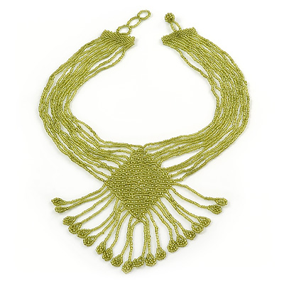 Light Olive Green Glass Bead V-Shape Tassel Necklace - 40cm L/ 12cm Drop
