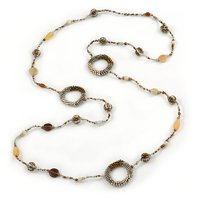 Long Single Strand Glass Bead Necklace (Bronze/ Transparent/ White) - 126cm L