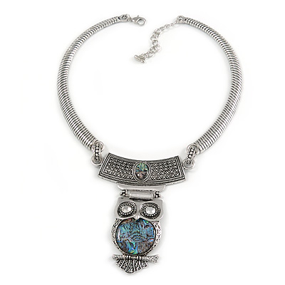 Ethnic Hammered Owl Pendant Necklace In Silver Tone Metal - 40cm L/ 6cm Ext