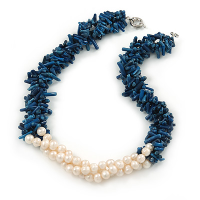 Statement 3 Strand Twisted Inky Blue Coral and Cream Freshwater Pearl Necklace with Silver Tone Spring Ring Clasp - 44cm L