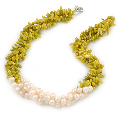 Statement 3 Strand Twisted Lime Green Coral and Cream Freshwater Pearl Necklace with Silver Tone Spring Ring Clasp - 44cm L - main view