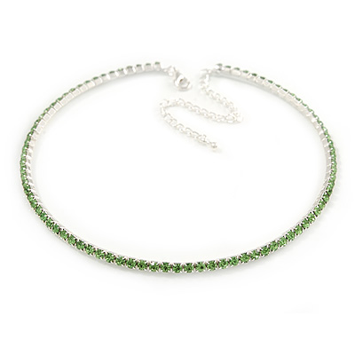 Salad Green Top Grade Austrian Crystal Choker Necklace In Rhodium Plated Metal - 35cm L/ 11cm Ext
