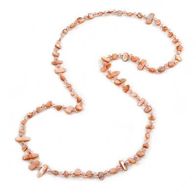 Long Pastel Salmon/ Coral/ Transparent Shell Nugget and Glass Crystal Bead Necklace - 110cm L