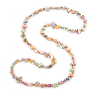 Long Pastel Multicoloured Shell Nugget and Glass Crystal Bead Necklace - 110cm L - main view
