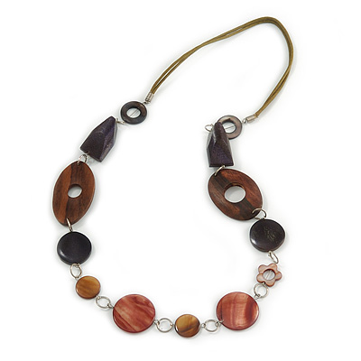 Brown Wood and Shell Bead with Olive Cotton Cord Necklace - 74cm Long