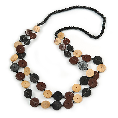 2 Strand Button Shape Wood Bead Necklace In Brown, Black, Natural Colours - 80cm Long - main view
