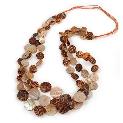 Long Multistrand Orange/ Brown Shell Necklace with Orange Cotton Cords - 84cm L