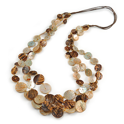 Long Multistrand Brown Shell Necklace with Dark Brown Cotton Cords - 86cm L