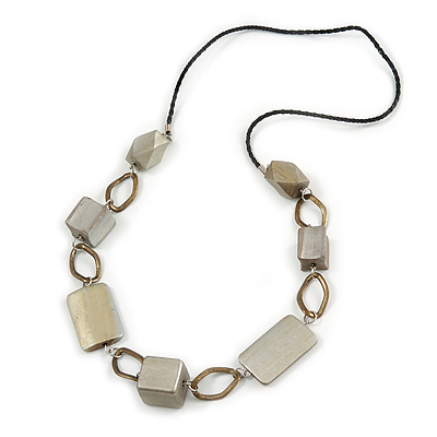 Geometric Wood Bead with Bronze Oval Link Black Faux Leather Cord Necklace (Metallic Silver) - 86cm L
