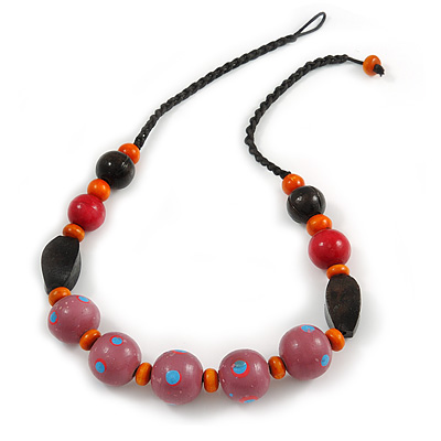 Chunky Wood Bead Cotton Cord Necklace with Scratched Effect (Pink, Orange, Black, Red) - 60cm L - main view