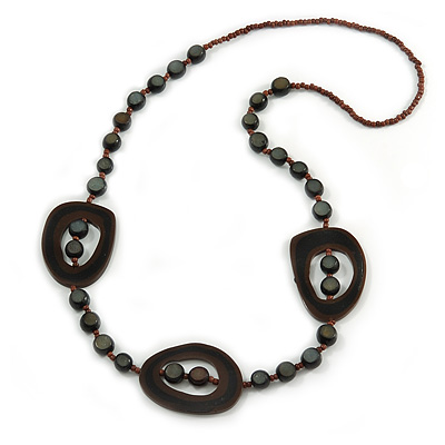 Brown/ Black Resin and Glass Bead Long Necklace - 86cm L