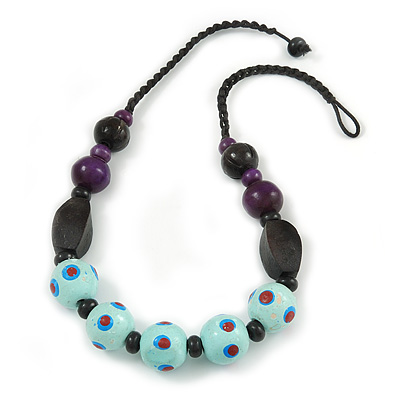Chunky Wood Bead Cotton Cord Necklace (Mint Blue, Brown, Purple) - 60cm L