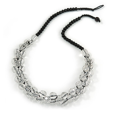 Transparent Glass, Black Wood Beaded Necklace - 50cm L