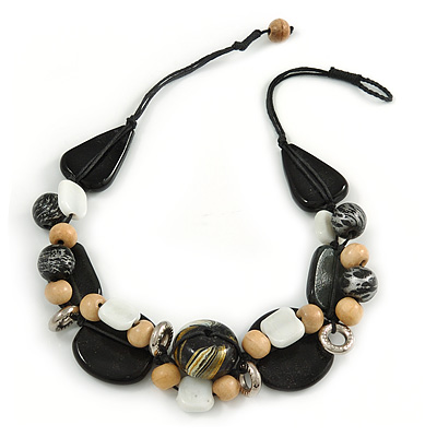Statement Cluster Ceramic, Wood, Glass Bead Necklace with Black Cotton Cord (Natural, Black, White) - 50cm L - main view