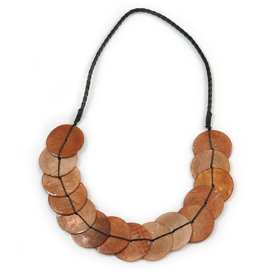 Exquisite Copper Brown Shell Disk Black Faux Leather Cord Necklace - 66cm L