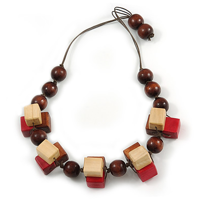 Chunky Square, Round Wood Bead Brown Cord Necklace (Red, Natural, Brown) - 70cm L