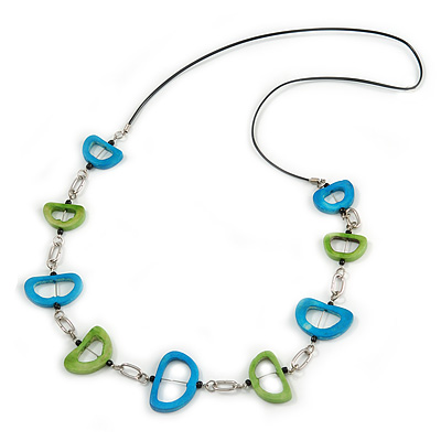 Green/ Blue Bone Bead Black Cord Necklace - 90cm L