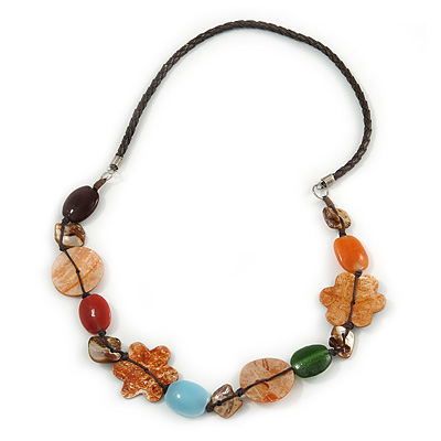 Multicoloured Shell, Ceramic Bead Brown Faux Leather Cord Necklace (Orange, Brown, Blue, Green) - 66cm L - main view