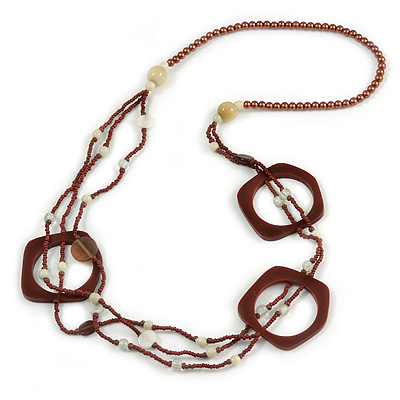 Long Multi-strand Brown/ Cream Ceramic Bead, Acrylic Ring Necklace - 90cm L - main view