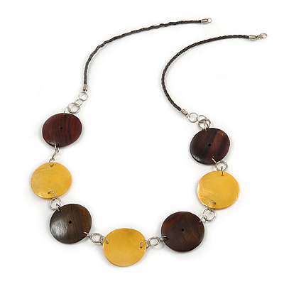 Brown Wood Disk Bead and Yellow Shell Faux Leather Cord Neckalce - 76cm L
