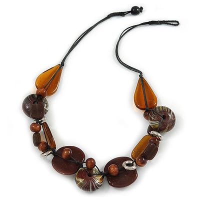 Statement Cluster Ceramic, Wood Bead and Silver Tone Ring Necklace with Black Cotton Cord (Brown, Black) - 56cm L - main view
