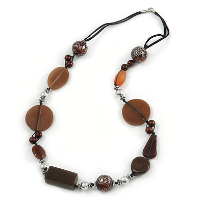Striking Wood, Ceramic, Acrylic Bead with Black Suede Cords Necklace (Brown/ Silver) - 72cm L - main view