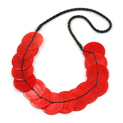 Exquisite Red Shell Disk Black Faux Leather Cord Necklace - 66cm L