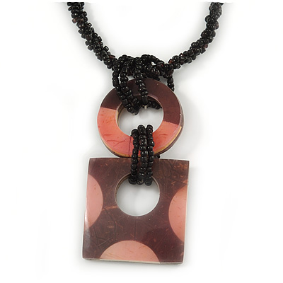 Pink/ Brown Wood Square Pendant with Braided Black Glass Bead Cord - 46cm L/ 9cm Pendant