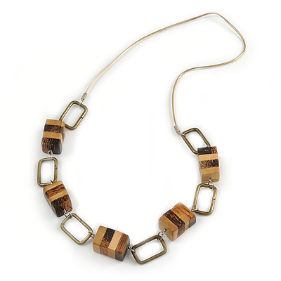 Statement Brown/ Natural Wood Bead and Bronze Square Metal Link Gold Cord Necklace - 76cm L