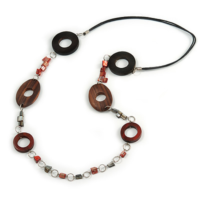 Wood and Shell Cotton Cord Necklace (Coral/ Brown/ Grey) - 94cm L