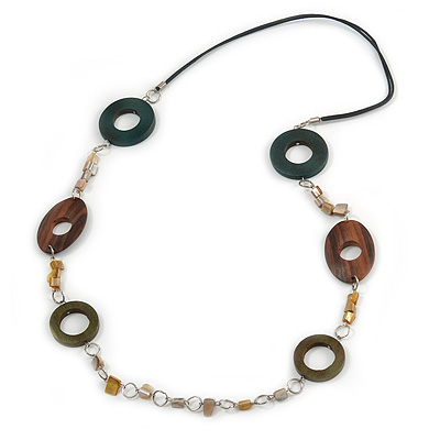 Wood and Shell Cotton Cord Necklace (Green/ Brown/ Olive) - 94cm L