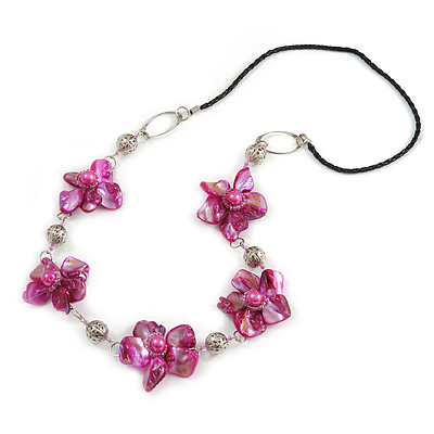 Fuchsia Shell Floral Faux Leather Cord Long Necklace - 80cm L