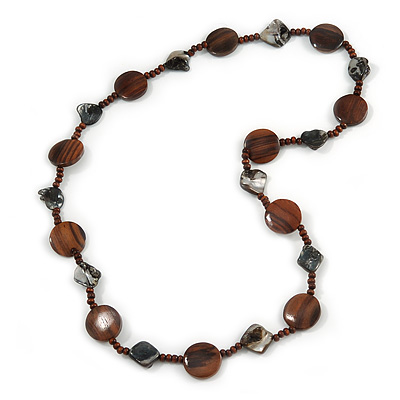 Brown Wood Coin Shape Bead and Grey Shell Nugget Necklace - 74cm L